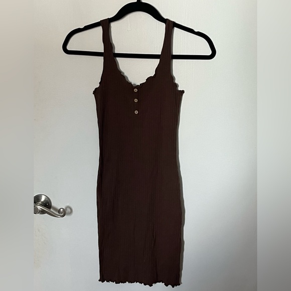 Brown Ribbed & Ruffle Bodycon Dress - Picture 1 of 3